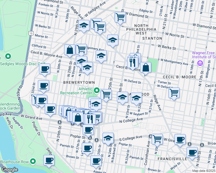 map of restaurants, bars, coffee shops, grocery stores, and more near 2523 Stewart Street in Philadelphia