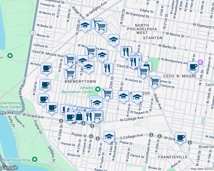 map of restaurants, bars, coffee shops, grocery stores, and more near 2523 Stewart Street in Philadelphia