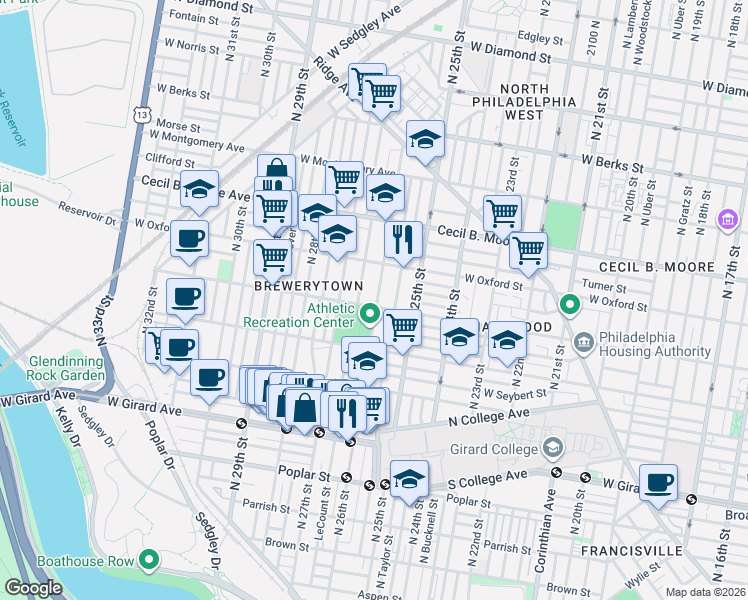 map of restaurants, bars, coffee shops, grocery stores, and more near 1400 North 26th Street in Philadelphia