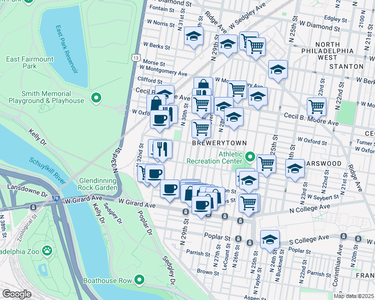 map of restaurants, bars, coffee shops, grocery stores, and more near in Philadelphia
