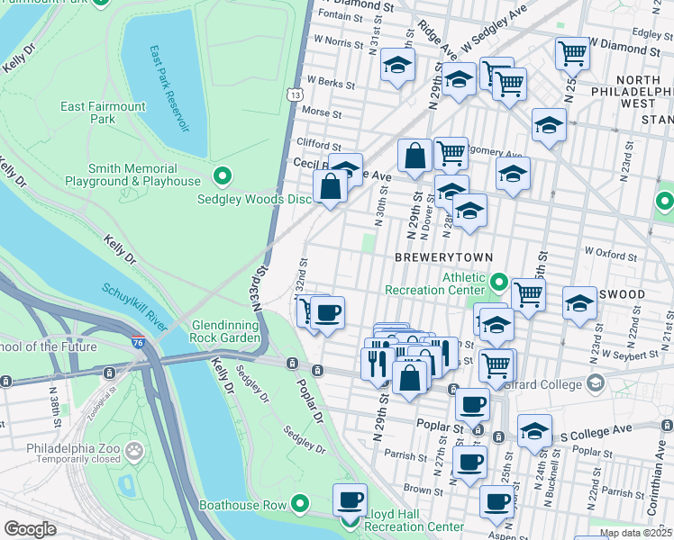 map of restaurants, bars, coffee shops, grocery stores, and more near 3041 Master Street in Philadelphia
