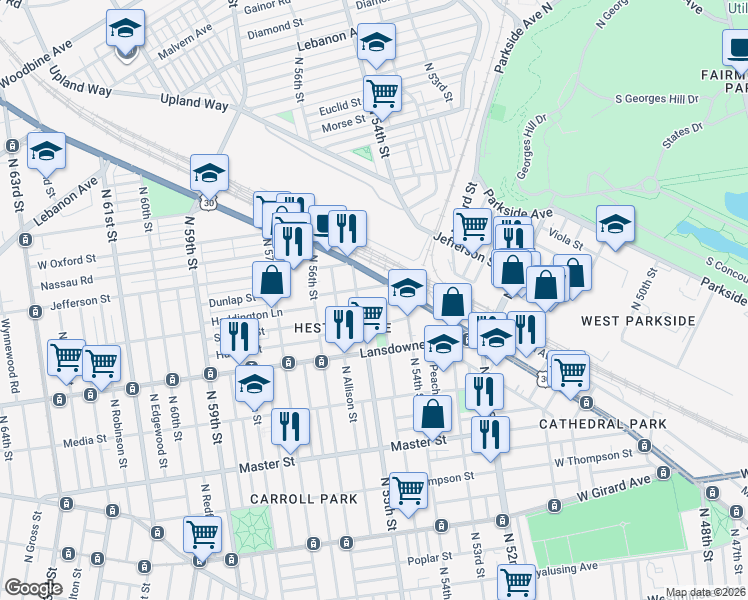 map of restaurants, bars, coffee shops, grocery stores, and more near 5427 Hunter Street in Philadelphia