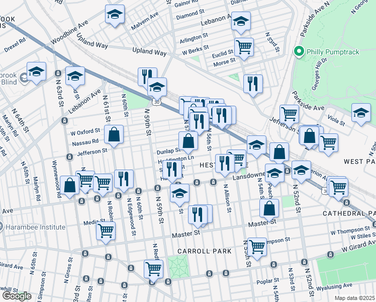 map of restaurants, bars, coffee shops, grocery stores, and more near 5700 Dunlap Street in Philadelphia