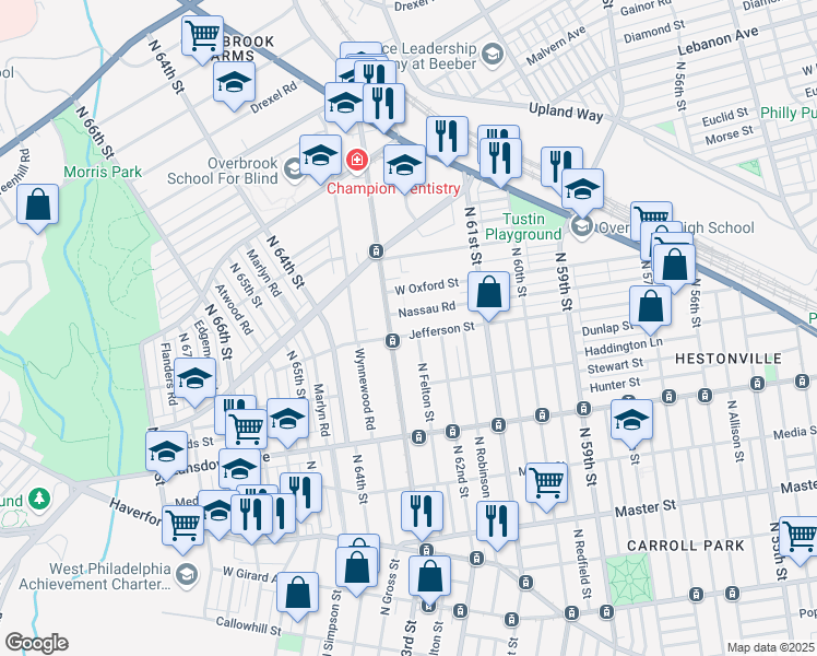 map of restaurants, bars, coffee shops, grocery stores, and more near 847 North 63rd Street in Philadelphia