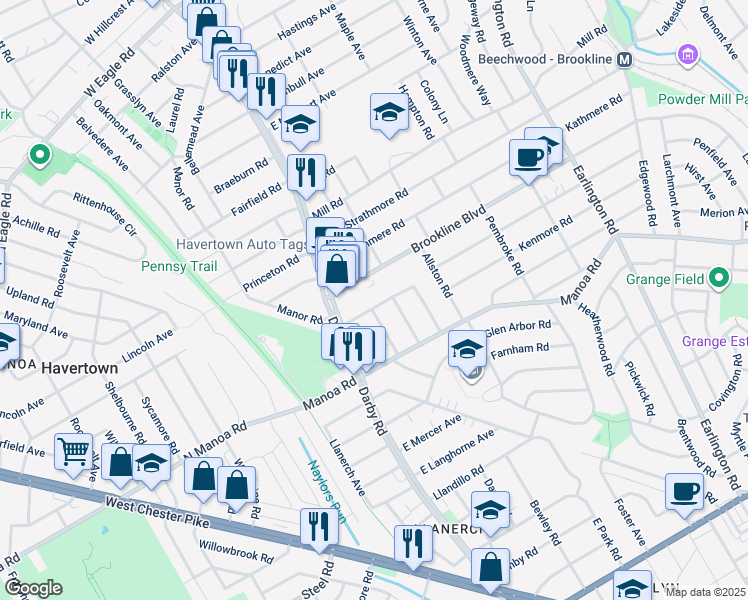map of restaurants, bars, coffee shops, grocery stores, and more near 12 Pennsylvania Avenue in Havertown