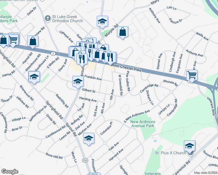 map of restaurants, bars, coffee shops, grocery stores, and more near 90 5th Avenue in Broomall