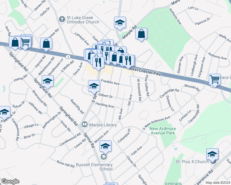 map of restaurants, bars, coffee shops, grocery stores, and more near 90 4th Avenue in Broomall
