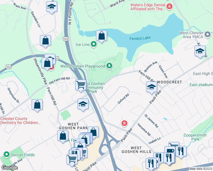 map of restaurants, bars, coffee shops, grocery stores, and more near 203 Afton Way in West Chester