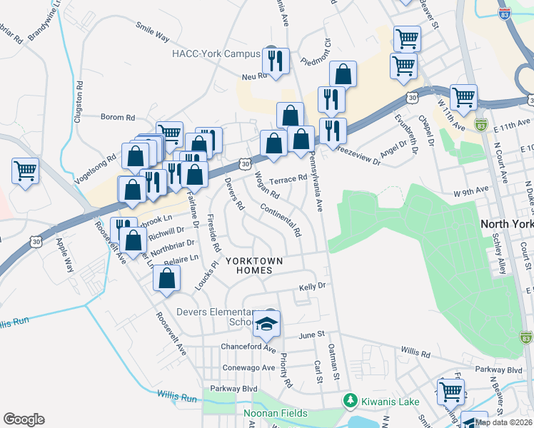 map of restaurants, bars, coffee shops, grocery stores, and more near 1408 Devers Road in York