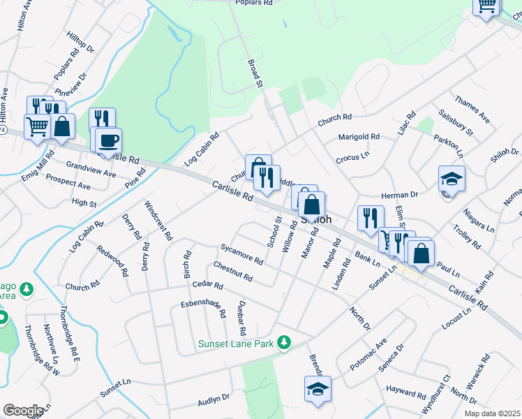 map of restaurants, bars, coffee shops, grocery stores, and more near 2225 School Street in Shiloh