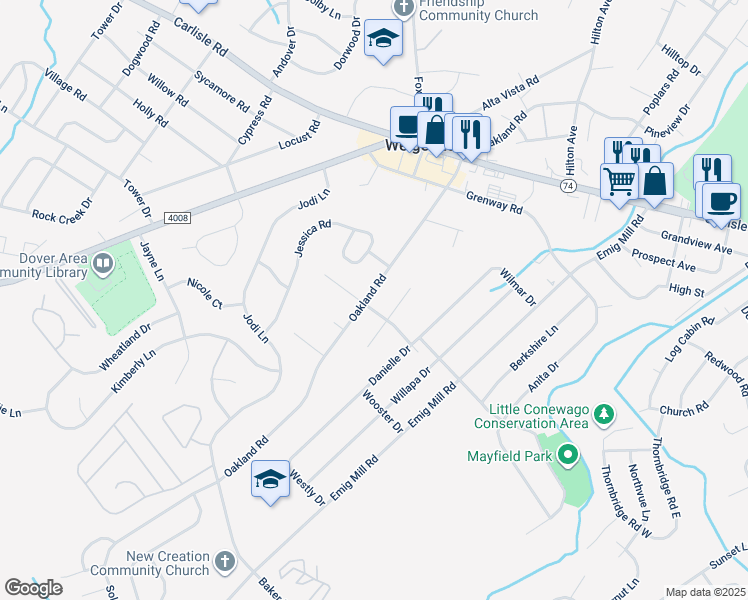 map of restaurants, bars, coffee shops, grocery stores, and more near 2585 Oakland Road in Dover