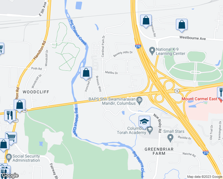 map of restaurants, bars, coffee shops, grocery stores, and more near in Columbus