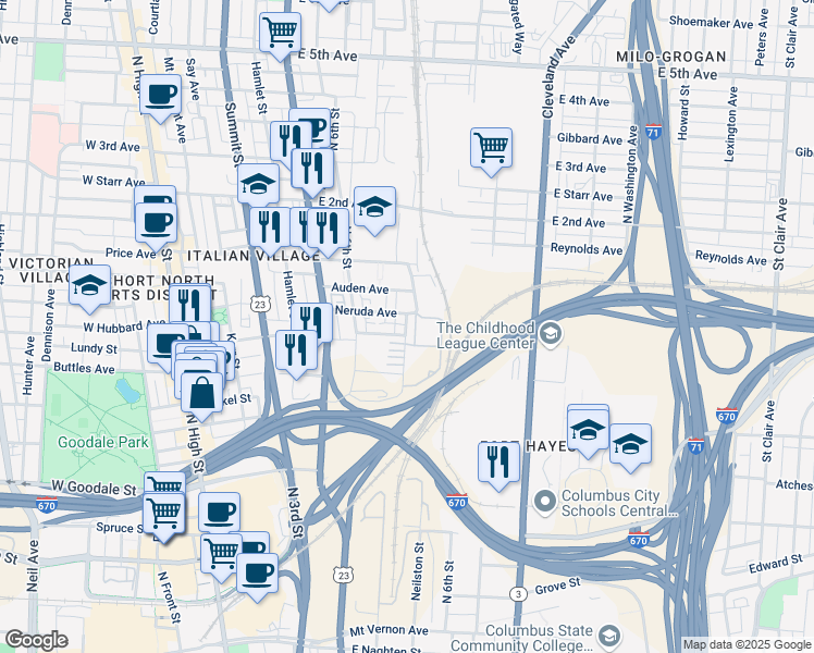 map of restaurants, bars, coffee shops, grocery stores, and more near 711 Civitas Avenue in Columbus