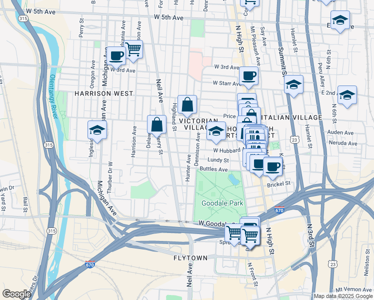 map of restaurants, bars, coffee shops, grocery stores, and more near 221 West Hubbard Avenue in Columbus