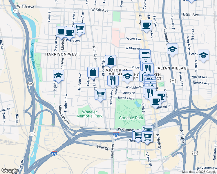 map of restaurants, bars, coffee shops, grocery stores, and more near 221 West Hubbard Avenue in Columbus