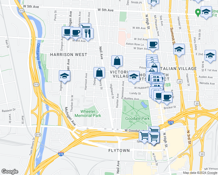map of restaurants, bars, coffee shops, grocery stores, and more near 809 Neil Avenue in Columbus