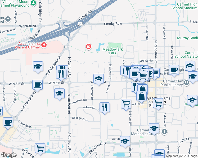 map of restaurants, bars, coffee shops, grocery stores, and more near 651 West Main Street in Carmel