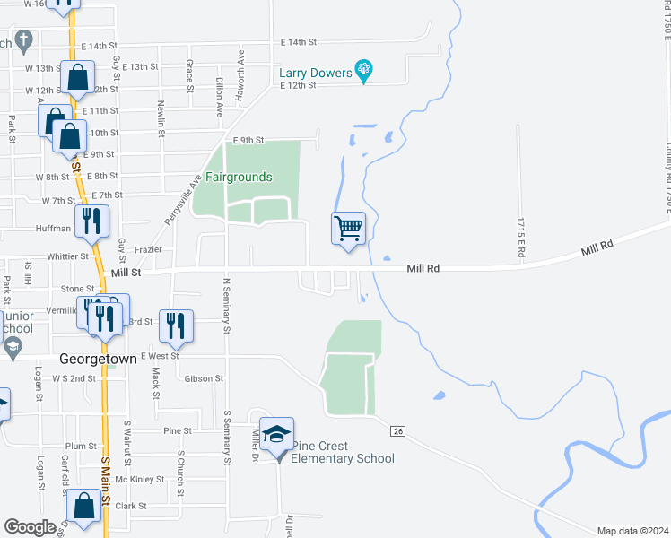 map of restaurants, bars, coffee shops, grocery stores, and more near Ter Acres in Georgetown