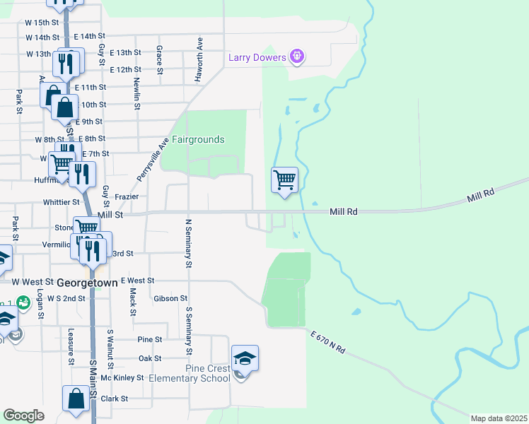 map of restaurants, bars, coffee shops, grocery stores, and more near 700-798 Mill Street in Georgetown