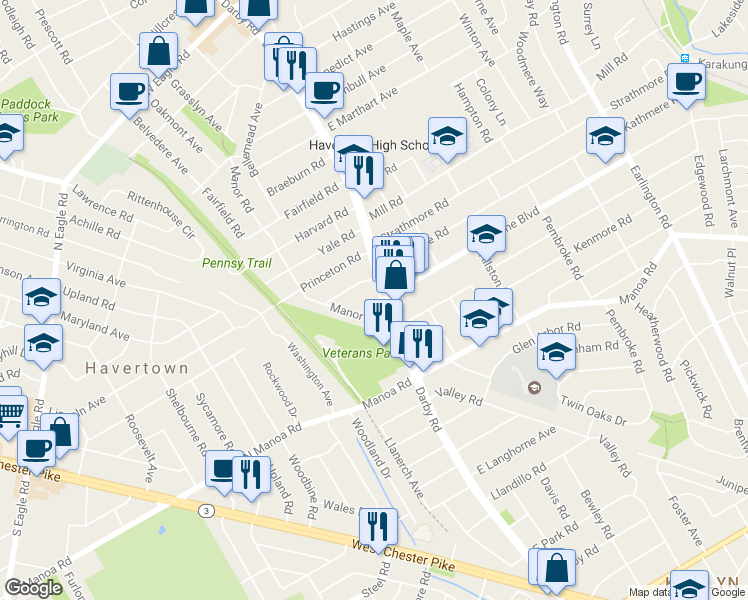 map of restaurants, bars, coffee shops, grocery stores, and more near 1216 Darby Road in Havertown