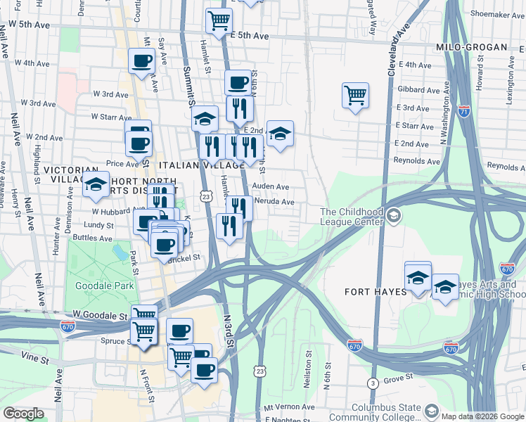 map of restaurants, bars, coffee shops, grocery stores, and more near 752 North 6th Street in Columbus