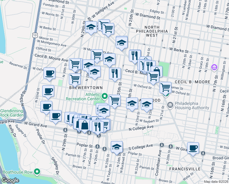 map of restaurants, bars, coffee shops, grocery stores, and more near 2523 Stewart Street in Philadelphia