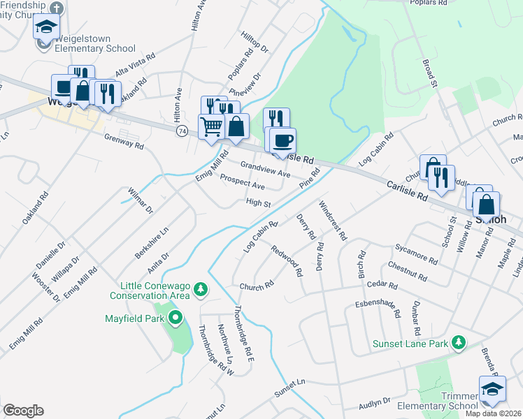 map of restaurants, bars, coffee shops, grocery stores, and more near 2450 Pine Road in York