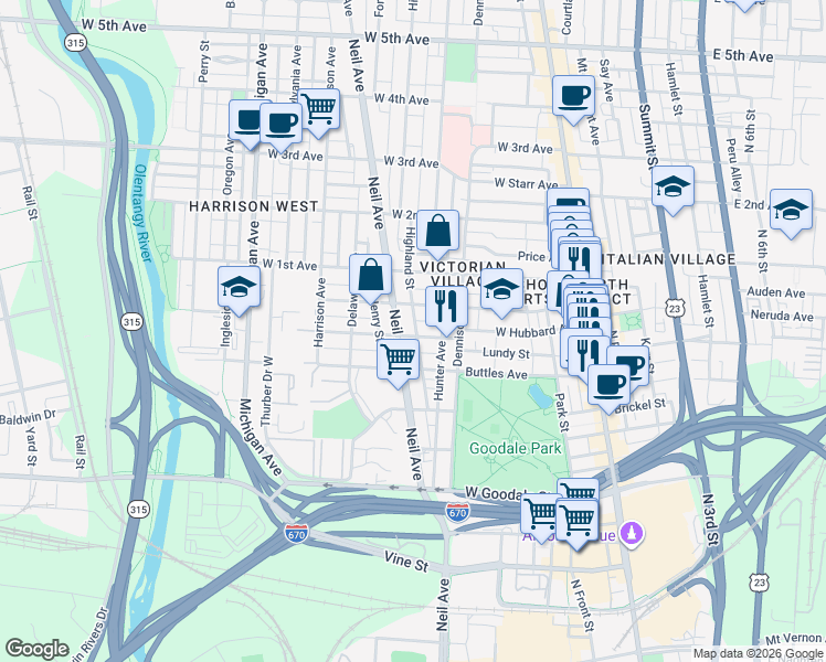 map of restaurants, bars, coffee shops, grocery stores, and more near 809 Neil Avenue in Columbus