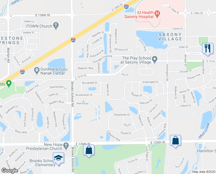 map of restaurants, bars, coffee shops, grocery stores, and more near 13010 Blalock Drive in Fishers