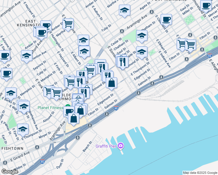 map of restaurants, bars, coffee shops, grocery stores, and more near 2624 East Lehigh Avenue in Philadelphia
