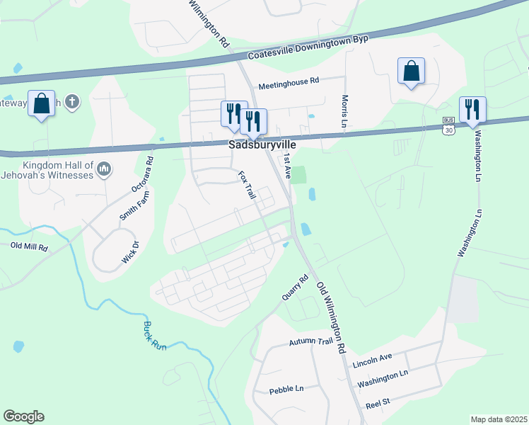 map of restaurants, bars, coffee shops, grocery stores, and more near 120 North Harner Boulevard in Coatesville