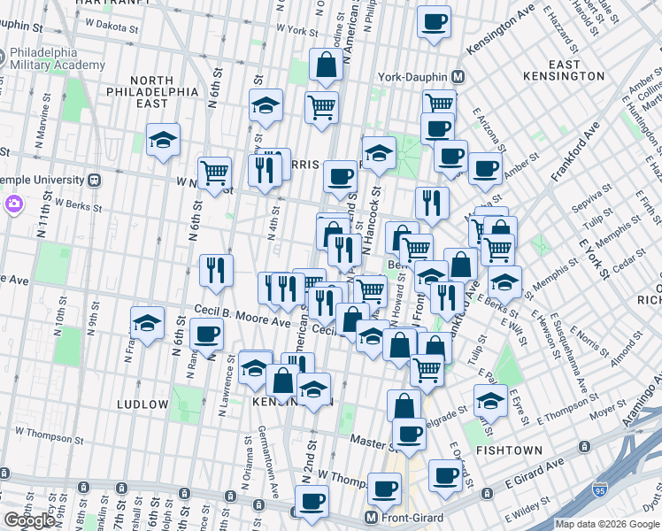 map of restaurants, bars, coffee shops, grocery stores, and more near 1801 North 2nd Street in Philadelphia
