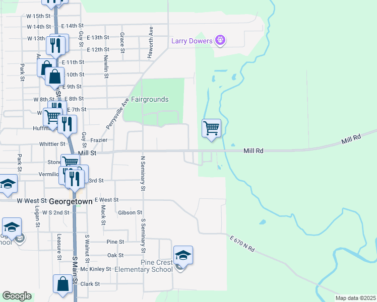 map of restaurants, bars, coffee shops, grocery stores, and more near 700 Mill Street in Georgetown