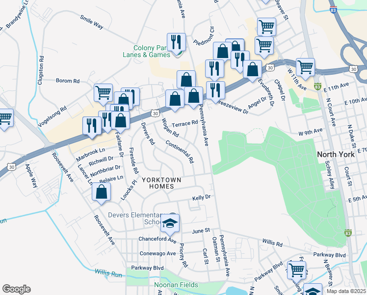 map of restaurants, bars, coffee shops, grocery stores, and more near 1401 Continental Road in York
