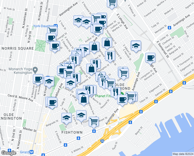 map of restaurants, bars, coffee shops, grocery stores, and more near 2344 East York Street in Philadelphia