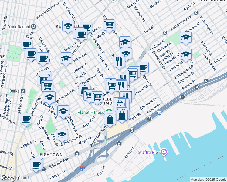 map of restaurants, bars, coffee shops, grocery stores, and more near 2503 East Firth Street in Philadelphia