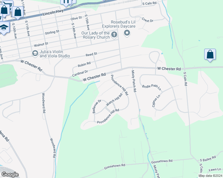 map of restaurants, bars, coffee shops, grocery stores, and more near 60 Narragansett Lane in Coatesville