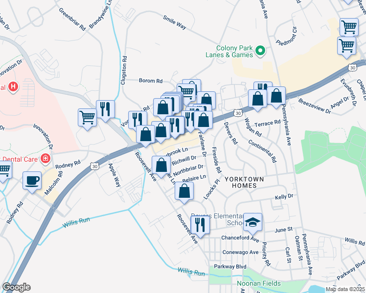 map of restaurants, bars, coffee shops, grocery stores, and more near 947 Marbrook Lane in York