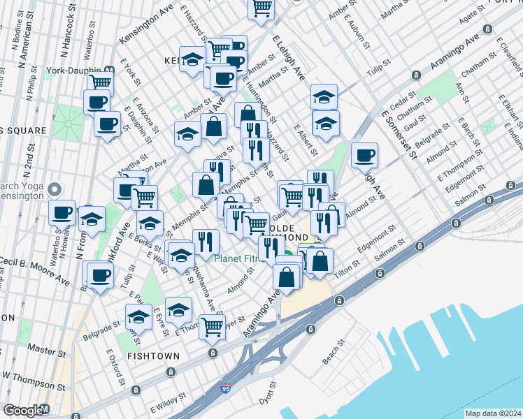 map of restaurants, bars, coffee shops, grocery stores, and more near 2422 East Letterly Street in Philadelphia