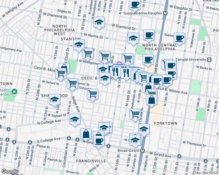 map of restaurants, bars, coffee shops, grocery stores, and more near 1615 North 18th Street in Philadelphia