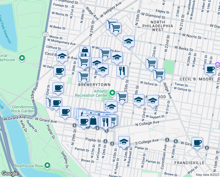 map of restaurants, bars, coffee shops, grocery stores, and more near 1400 North 26th Street in Philadelphia