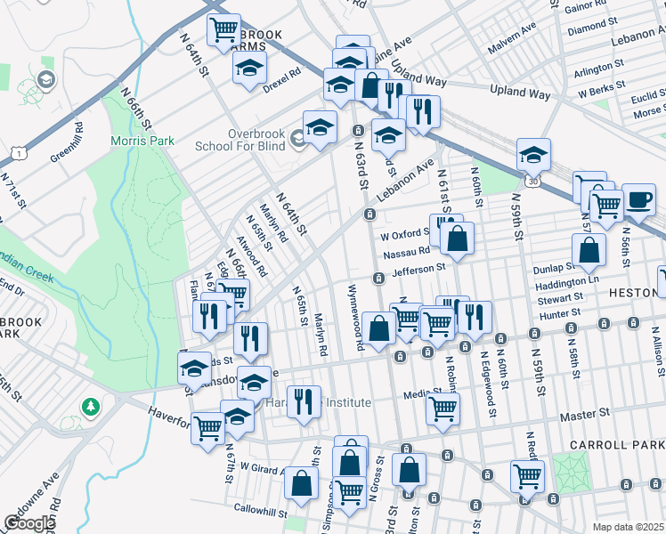 map of restaurants, bars, coffee shops, grocery stores, and more near 1011 North 64th Street in Philadelphia