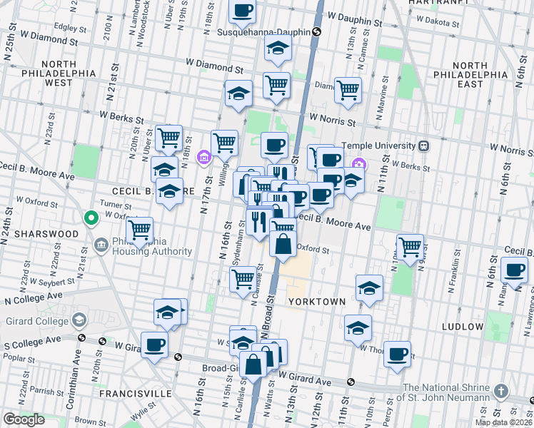 map of restaurants, bars, coffee shops, grocery stores, and more near 1600 North Broad Street in Philadelphia