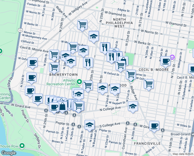 map of restaurants, bars, coffee shops, grocery stores, and more near 2414 Bolton Street in Philadelphia