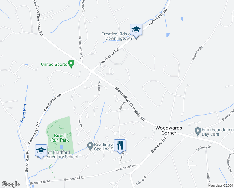 map of restaurants, bars, coffee shops, grocery stores, and more near 1312 Rachel Lane in Downingtown