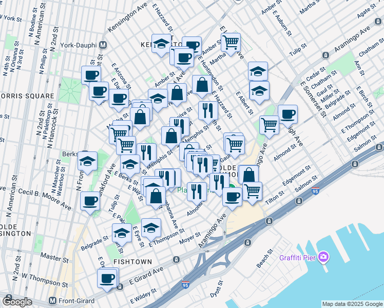 map of restaurants, bars, coffee shops, grocery stores, and more near 2356 East Boston Street in Philadelphia