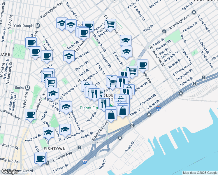 map of restaurants, bars, coffee shops, grocery stores, and more near 2445 East Cumberland Street in Philadelphia