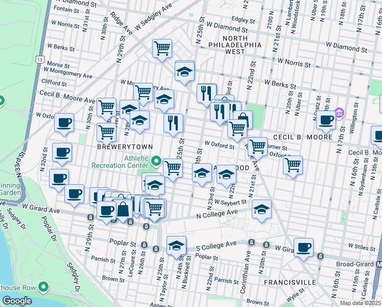 map of restaurants, bars, coffee shops, grocery stores, and more near 2414 Bolton Street in Philadelphia
