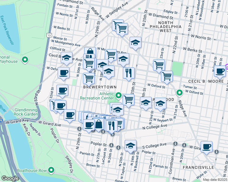map of restaurants, bars, coffee shops, grocery stores, and more near 2639 West Jefferson Street in Philadelphia
