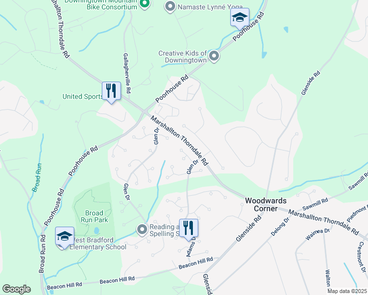 map of restaurants, bars, coffee shops, grocery stores, and more near 1312 Rachel Lane in Downingtown